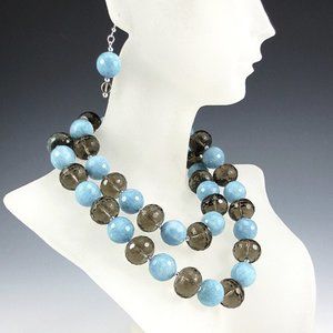 Aquamarine, Smoky Qtz, Silver Necklace/Earring Set